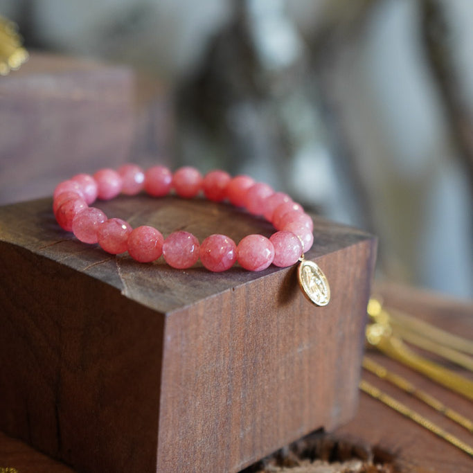 PULSERA PIEDRA ÁGATA ROSADA VIRGEN ENCHAPE ORO