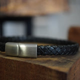 PULSERA CUERO TRENZADO NEGRO BROCHE PLATA MATE HOMBRE